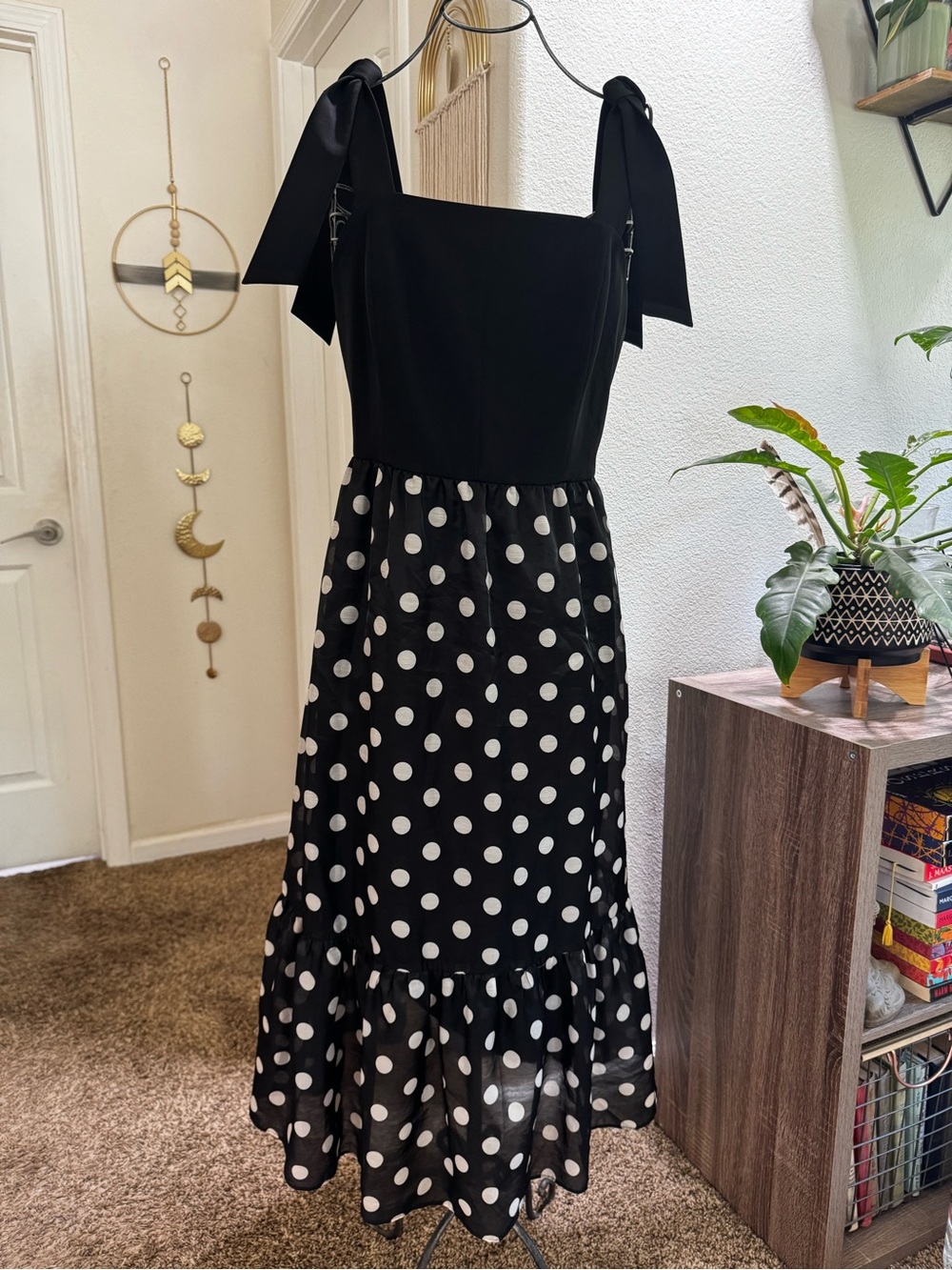 Anne Klein Black & White Polka Dot Tie-Shoulder Midi Dress